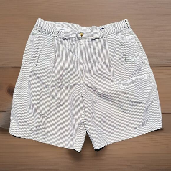 Roundtree And York Seersucker Shorts Men 38 Tan And White Stripe Pleated Front - Picture 1 of 7